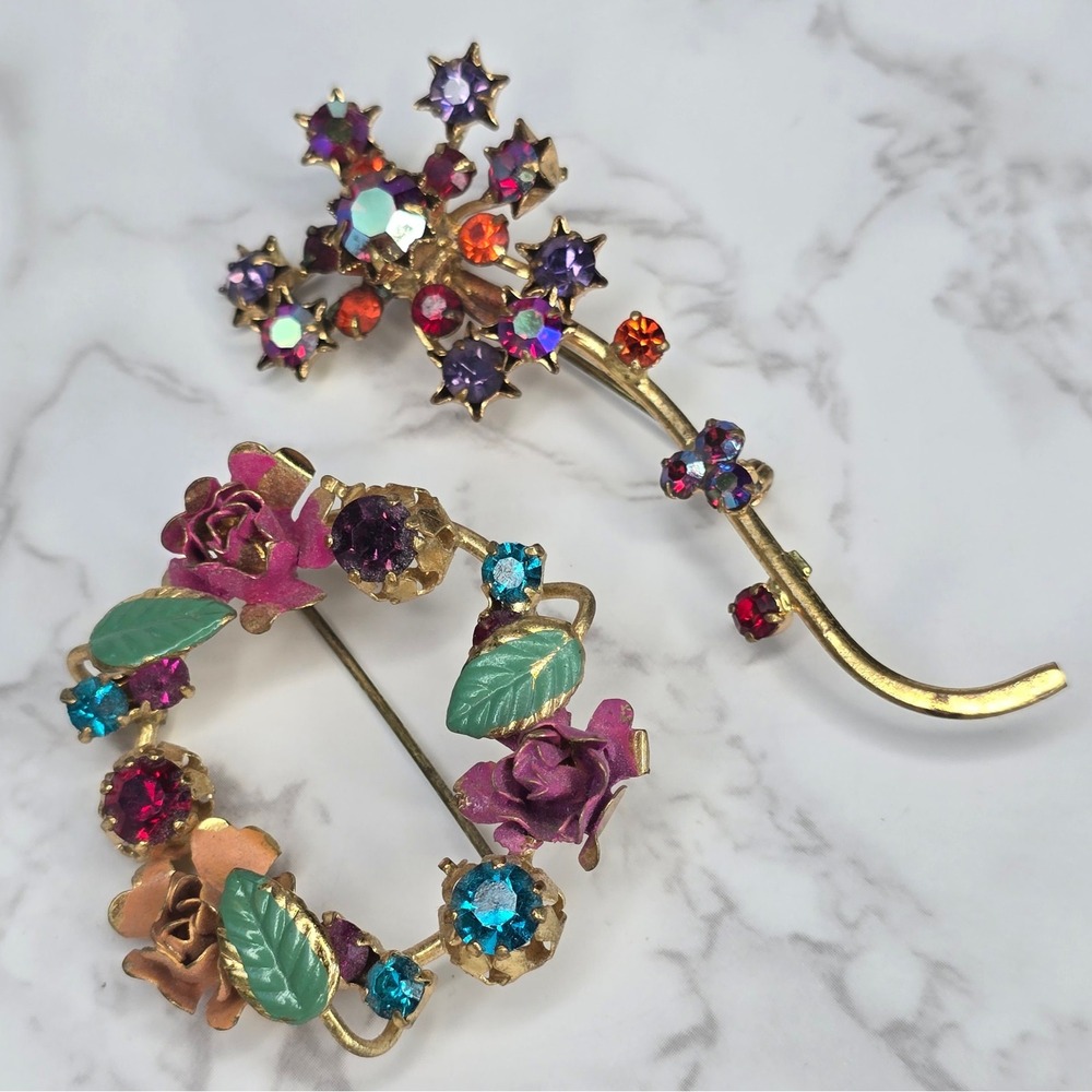 Vintage Made in Austria Brooch Lot Rhinestone Enamel Rose Wreath Spray Gold Tone